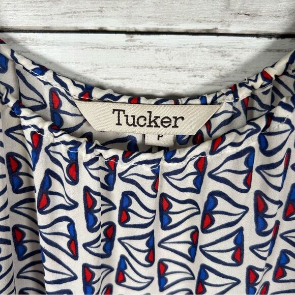 Tucker Camisole Silk Crepe Top Size P Geometric White Blue Red Nautical 38” Bust - Picture 2 of 6